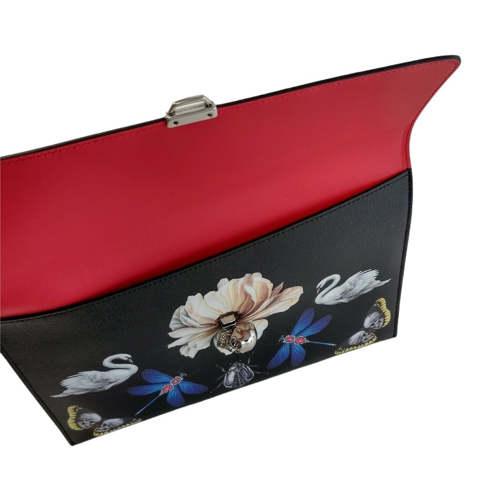 Alexander McQueen Black Leather Flower Animal Skull Clutch 554197 1090 - Picture 9 of 11